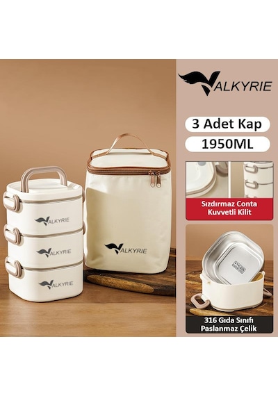 Valkyrie 1950 Ml 3 Katlı Paslanmaz Çelik Yemek Kabı Termal Çantalı, Akıtmaz, Bpa Sız Tek Kap 3 Öğün Krem