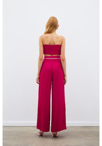 Sateen Taş Kemerli Saten Pantolon - Mercan-134979 Mercan