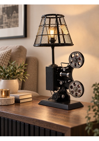 Müjde Concept Retro Projeksiyon Makinesi Tasarımına Sahip Dekoratif Abajur Siyah