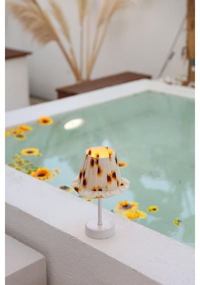 Ayçiçeği Pileli Fırfır Detaylı Sunflower Kablosuz Pilli Masa Lambası Alt Uzun Beyaz Beyaz