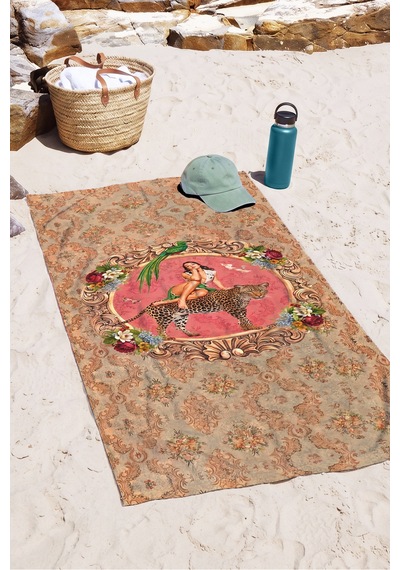 Leopar Figürlü Vintage Bohem Plaj Havlusu - Barok Çiçekli Bej Pembe Hızlı Kuruyan Mikrofiber Havlu Berrak Bulut