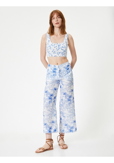 Koton Çiçeli Crop Üstü Fisto Kare Yaka Askılı Mavi Desenli 4sak30063ew Mavi