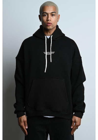 Oversize Kapşonlu Kanguru Cepli İçi Polarlı 3 İplik Erkek Sweatshirt Siyah