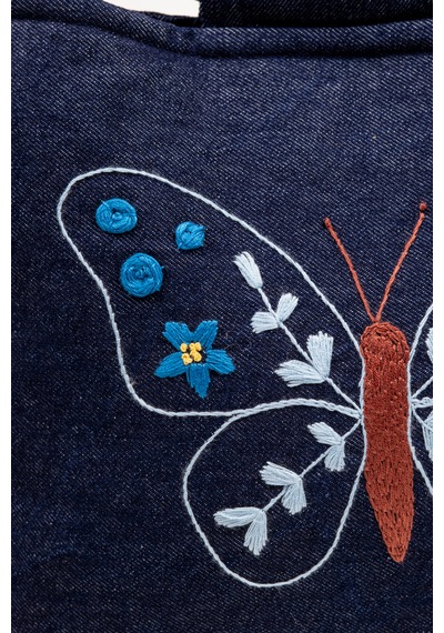 Fabric Craft Bag El Çantası Kot Kumaş Ahşap Saplı Kelebek Nakışlı İçi Astarlı Mıknatıslı 38x30 Cm Kot Lacivert