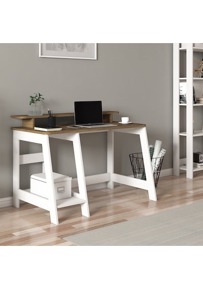 Country Ergonomik Çalışma Masası, Modern Bilgisayar Masası - Beyaz/Antik Ceviz