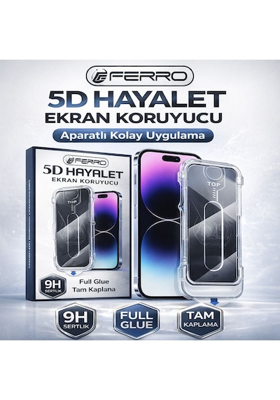 Ferro iPhone Uyumlu 17e 5d Hayalet Ekran Koruyucu - Aparatlı Kolay Uygulama - 9h Tam Kaplama Full Cam