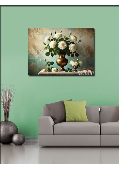 Kanvas Tablo Beyaz Çiçek Vazosu 50cmx70cm
