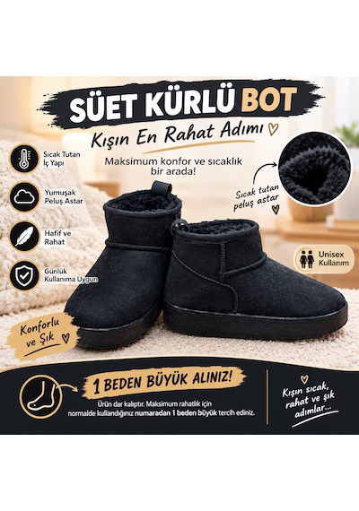 Ateşflex Unisex Peluş Astarlı Ev Botu Sıcak Tutan Kaymaz Tabanlı Hafif Bot Siyah
