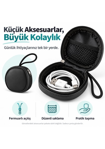 Microcase Mini Yuvarlak Çok Amaçlı Kulaklık Şarj Aleti Kablo Vb Aksesuar Saklama Çantası Al7001 Siyah