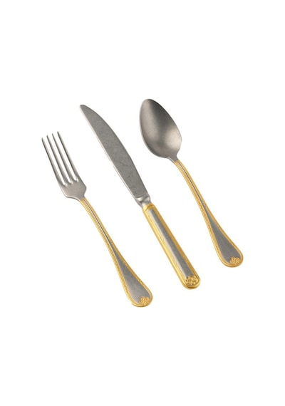Hisar İnfinity 84 Parça 12 Kişilik Çatal Kaşık Bıçak Takımı Eskitme Dekor Altın Inox