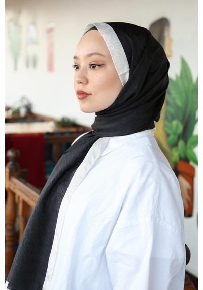 Premium Lux Original Monogram Şal İpek Vual, Yüksek Kalite, Hafif, Rahat, Şık, Tesettür, Shawl Siyah - Beyaz