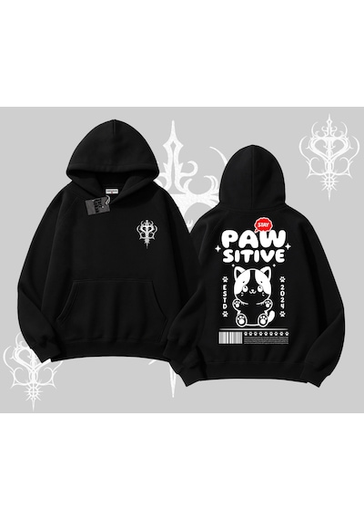 Paw Sitive Kedi Arka Baskılı Kapşonlu Sweatshirt