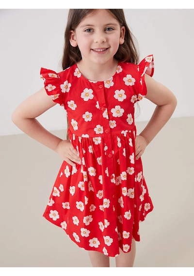 Lcw Kids Bisiklet Yaka Kız Çocuk Poplin Elbise Kırmızı Baskılı