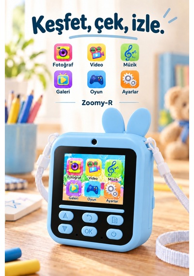 Kj/zm-003 Zoomy-r Tavşan Figürlü Anında Baskılı Çocuk Fotoğraf Makinesi, Çift Kamera, 2,4 İnç Ekran, 1080p Video, 3+ Yaş Mavi