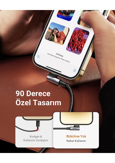 Ugreen Usb-c - Lightning 3a Qc Pd 90 Derece Örgülü Hızlı Şarj Kablosu, 2 M, Siyah, 60765