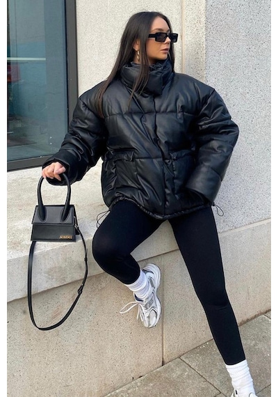 Madmext Siyah Deri Oversize Cep Detaylı Mont Mg1357-siyah Siyah
