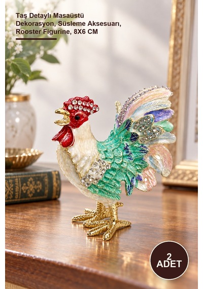 2 Adet Taşlı Horoz Figürü Taş Detaylı Masaüstü Dekorasyon, Süsleme Aksesuarı, Rooster Figurine, 8x6 Cm