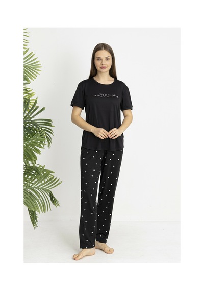 Estiva Kadın Kalp Alt Desenli Kısa Kollu Soft Pijama Takımı Siyah
