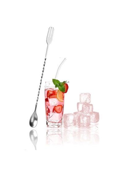 Burgulu Çatallı Bar Kaşığı 33 Cm Kokteyl Karıştırma Kaşığı & Cam Pipet Seti Gümüş