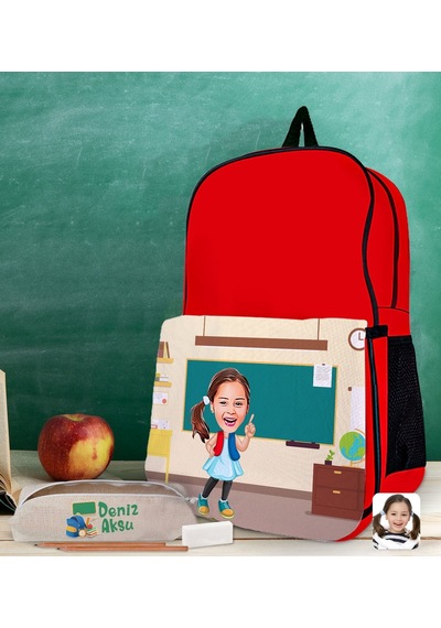 Bk Gift Kişiye Özel Kız Öğrenci Karikatürlü Kırmızı Okul Çantası Ve Kalemlik Hediye Seti-3