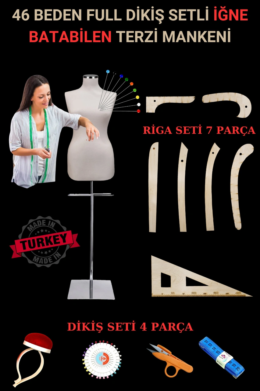 46 Beden Full İğne Batabilen Dikiş Setli Ve Riga Setli Terzi Mankeni Metal Takım