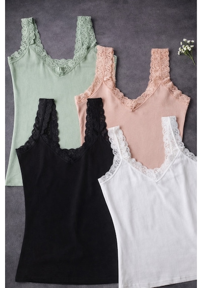 Demirsa Boutique Dantel Detaylı Modal Kumaş Askılı Siyah, Beyaz, Pudra Ve Yeşil Renk 4'lü Kadın Atlet Çok Renkli4 Demirsa Boutique Dantel Detaylı Modal Kumaş Askılı Siyah, Beyaz, Pudra Ve Yeşil Renk 4'lü Kadın Atlet Çok Renkli4