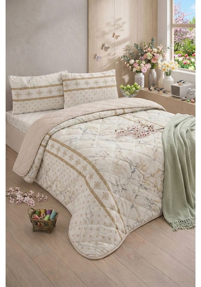 Formeya Kapitoneli Çift Kişilik Desenli Pike - Yatak Örtüsü Takımı 200x230 Cm - 2 Adet Yastık Kılıflı Bej