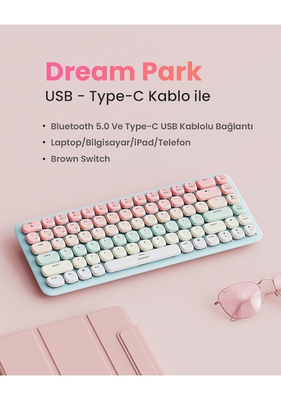 Ugreen Fun+ Renkli Tuşlu Aydınlatmalı Brown Switch Mekanik Bluetooth Kablosuz Türkçe Q Klavye