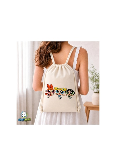 Ghostbastır Design Powerpuff Girls Büzgülü Keten Çanta C241 Bej