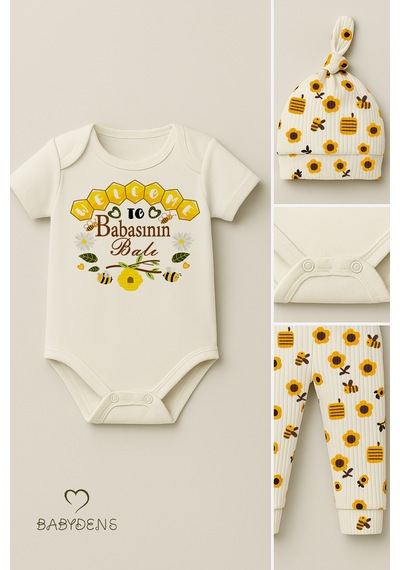 Babyden's 3 Lü Yenidoğan Takım Babasının Balı Baskılı Kısa Kol Body Arı,çiçek Desenli Pantolon Bere Ekru - Sarı