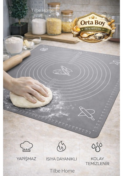 Tilbe Home Silikon Hamur Açma Yoğurma Matı Fırın Altlığı Ölçekli Mat Orta Boy Gri 50x40cm