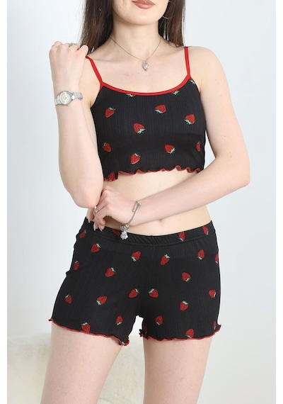 Lukitus İp Askılı Şortlu Pegasus Crop Pijama Takımı Siyah