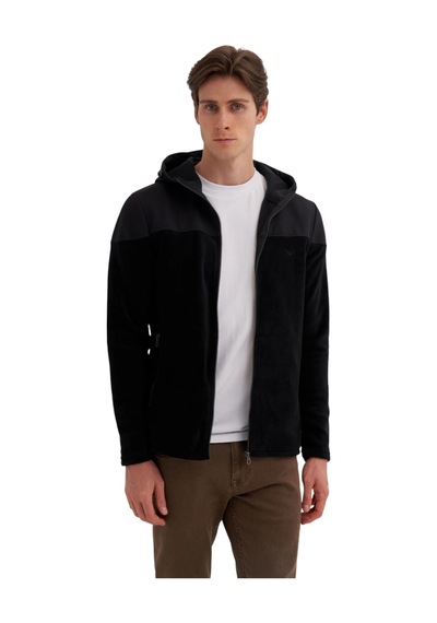 Cazador Erkek Kapüşonlu Polar Kumaş Basic Regular Fit Sweat Hırka-56390 Siyah