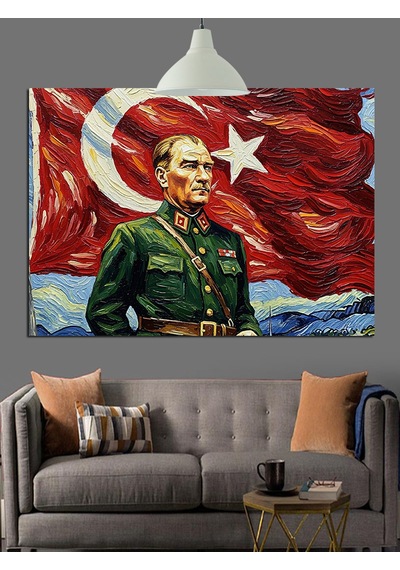Atatürk Bayrak Portre Dekoratif Kanvas - Mdf Ahşap Tablo