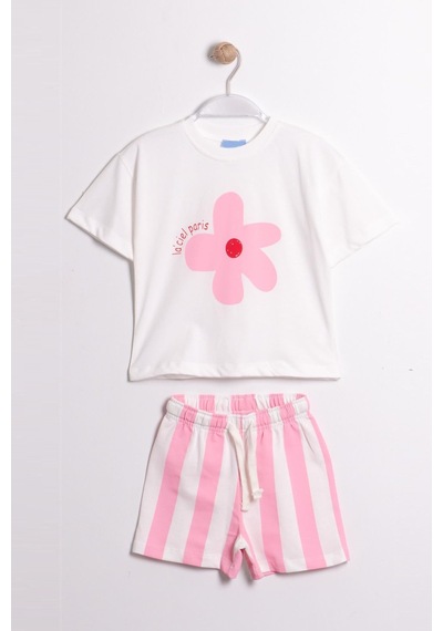 Lolliboomkids Kız Çocuk Pamuklu Bisiklet Yaka Çiçek Baskılı Tshirt Çizgili Şort Alt Üst Takım Pembe Lolliboomkids Kız Çocuk Pamuklu Bisiklet Yaka Çiçek Baskılı Tshirt Çizgili Şort Alt Üst Takım Pembe