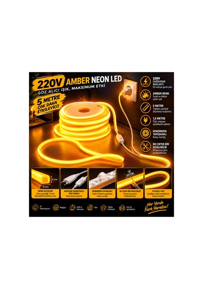 5 Metre Amber 220v Neon Led Şerit ,tak Çalıştır Set, Fişli Anahtarlı Esnek Şerit Led, ,turuncu Led,mutfak,tezgah Ledi,led Şerit Işık ,ambiyans Işık Havuzu, Kendinden Yapışkanlı,kehribar Led