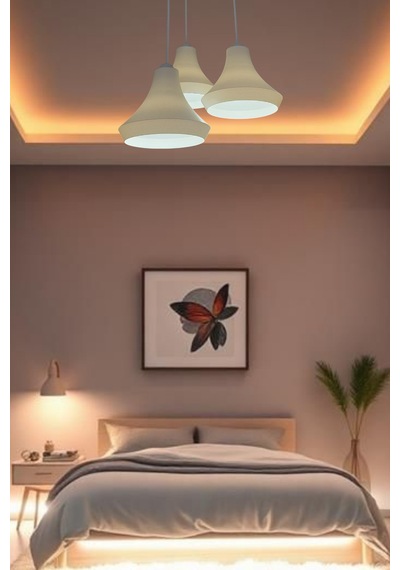 Retro Rustik Model Modern Beton Görünümlü 3'lü Beyaz Sarkıt Avize Cafe Yatak Odası Ofis Salon Mutfak Beyaz
