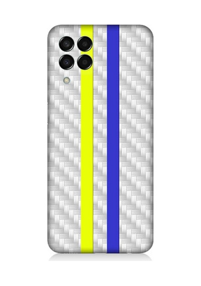 Samsung Galaxy M33 Uyumlu Silikon Kılıf Sarı Lacivert Metal Motif
