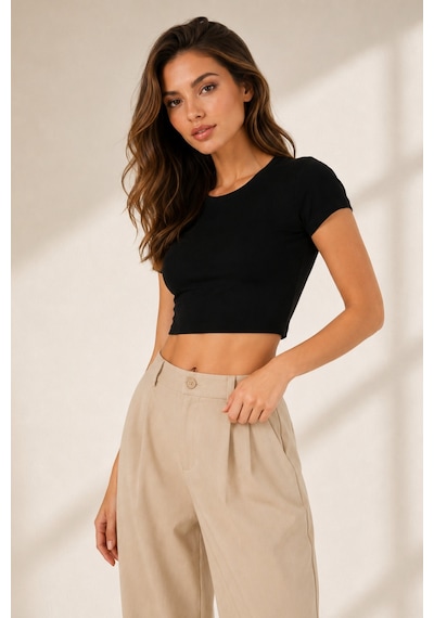 Loule Kadın 2'li Bisiklet Yaka Kısa Kollu Crop Top Siyah-kahverengi Çok Renkli