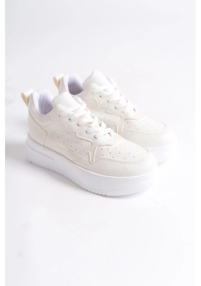 Mevese Avela Kalın Taban Bağcıklı Günlük Kadın Sneaker Beyaz Detaylı Kırık Beyaz