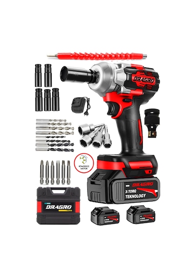 Dragro Alman 450NM DRG-598VF 20 AH Kömürsüz Çift Bataryalı Somun Sökme Sıkma Makinesi 32 Parça Full Setli Kırmızı