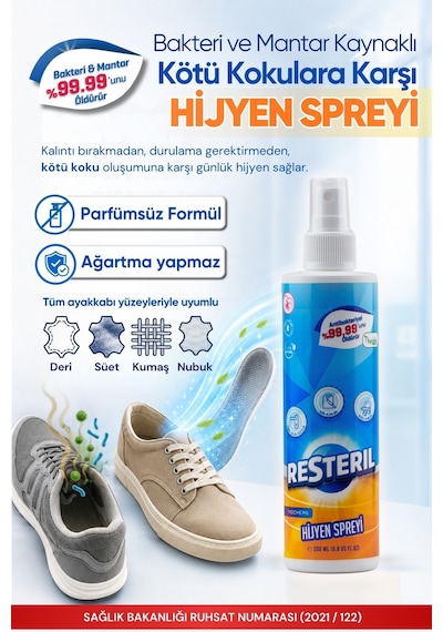 Resteril Ayakkabı Koku Giderici Sprey Ayak Kokusu Giderici Parfümsüz Ayakkabı Deodorantı Dezenfektan Spreyi 200 ML