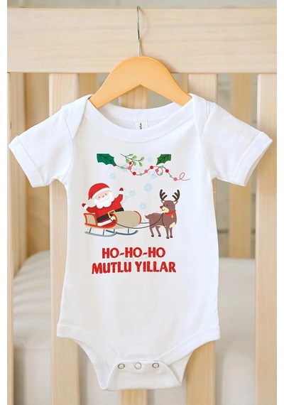 Hediyenza Ho Ho Ho Mutlu Yıllar Özel Tasarım Bebek Zıbın Pamuklu Çıtçıtlı Body Beyaz