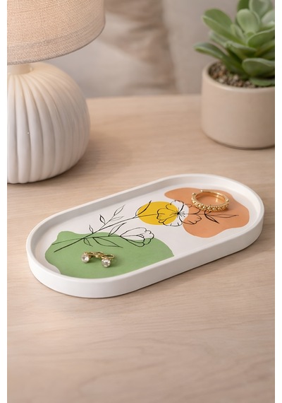 Dekoratif Art Line Stil Oval Tabak - El Yapımı Çiçek Desenli Modern Ev Dekoru 19 X 8 Cm