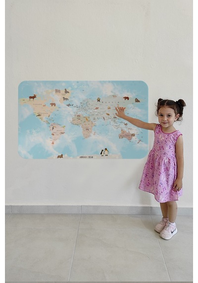 Eğitici Dünya Haritası Dünya Atlası Çocuk Ve Bebek Odası Duvar Sticker -60x105-3827 Çok Renkli