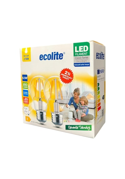 Ecolite 6,5w Led Filament Ampul E27 60w Eşdeğer 2700k Sarı Işık 810 Lümen 2 Li Paket Standart