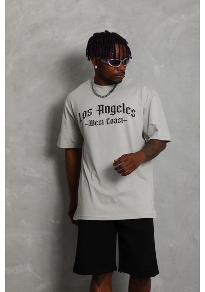 Erkek Baskılı Tişört Kısa Kol Bisiklet Yaka Oversize T-shirt - Gri