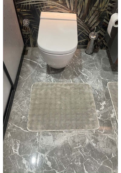 Modern Bubble Yıkanabilir Kaymaz Peluş Banyo Paspası Halısı 2'li Klozet Takımı 60x100 Ve 50x60 Kum