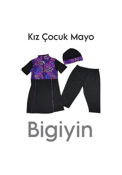 Bigiyin Yarım Kol Çocuk Mayo Fermuarlı Çocuk Mayosu Kısa Kol Mayo Kız Çocuk Mayo Siyah