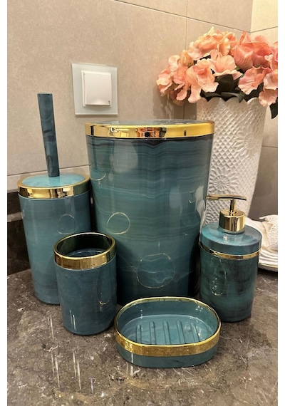 Makri Home Banyo Seti 5'li,akrilik-çöpkovası,wc Fırçalık,sıvı Sabunluk,diş Fırçalık,el Sabunluk,gold Renk Detay Yeşil